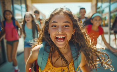 Fototapeta premium Beautiful portrait caucasian girl kid with school bag laughing at camera when group of pupils running out school on the last studying day before holidays. People's emotions and education concept image