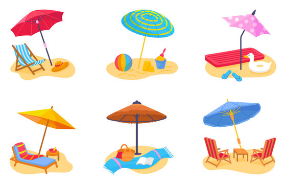 Beach deck chair and umbrella scenes. Summer vacation, sea travel and rest. Sun protection umbrellas, sand toys and towel, neoteric vector concept