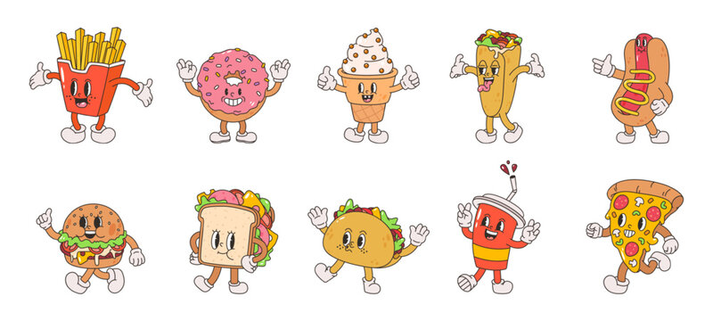 Retro cartoon fast food. Burger, pizza, ice cream vintage style characters. Funny groovy drink and french fries, sandwich snugly vector clipart