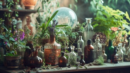 Enigmatic Apothecary Corner with Herbal Elixirs and Mysterious Globes.