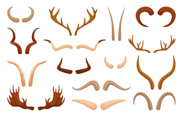 Animal antlers. Neoteric vector set animal antlers. Deer and ram horns, isolated horn of moose, reindeer, antelope. Hunters trophy of wildlife animal world, neoteric vector set