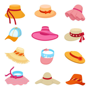 Cartoon female beach hats. Textile straw hat for rest and agriculture work. Summer women cap for walking and sunbathe, neoteric vector clipart
