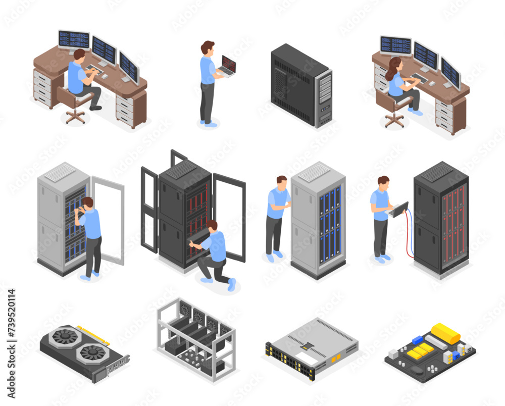 Fototapete Isometric engineers characters. Data center workers and network administrators. Cloud servers equipment, computers and tools, flawless vector set