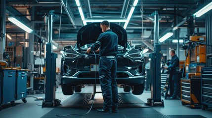A mechanic fixing a car in an automotive factory AIG41 - obrazy, fototapety, plakaty