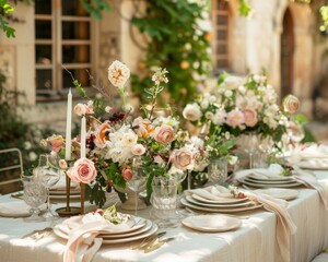 Garden party, elegantly set table, flowers, summer elegance