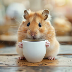 Very funny hamster drinking morning coffee.