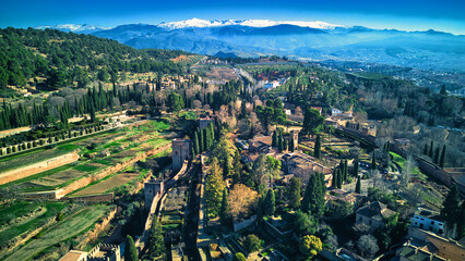 Landscape view of Alhambra, Granada - in background with the mountains of Sierra Nevada
