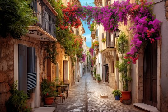 Fototapeta Cozy street in the historic center of Antibes, France, French Riviera near the Mediterranean Sea.