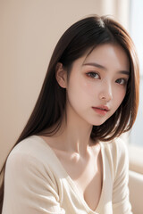 Naklejka premium Gorgeous Asian Young Female Model - Fashion or Cosmetics Model - Surreal Beauty with Perfect Fine Features - Beautiful Smooth Hair