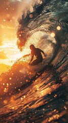 Surfing waves, surfer silhouette against sunset, dynamic ocean