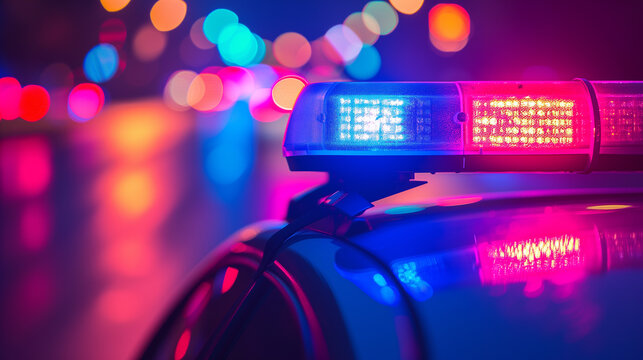 Closeup of blue and red police car lights flashing at night. Blurred street lights in the background. Law enforcement vehicle.