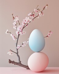 Obraz na płótnie Canvas Pastel blue and pink Easter eggs artfully balanced, with a branch of blooming cherry blossoms against a muted background