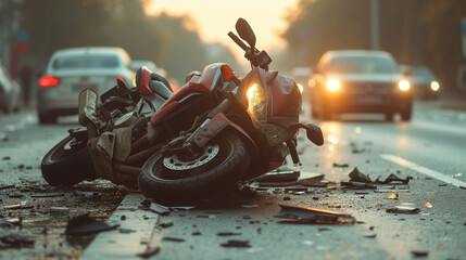 Motorcycle traffic accident in the middle of the street.