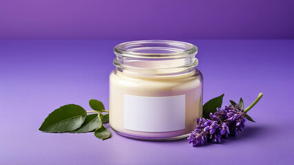 Obraz na płótnie Canvas Lavender mockup cream in a glass jar on a purple background. Copy space