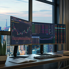 Monitor with stock market analytics in empty business space. Global investment trade to exchange crypto currency and follow rate trend on computer in startup office. Ecomonic strategy