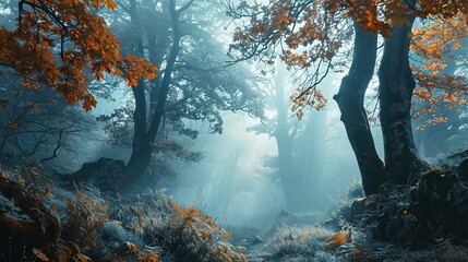 The image showcases a serene and mystical forest scene. Majestic trees with a mixture of autumnal orange leaves and those that have not yet changed color tower into the sky, their trunks shrouded in a - obrazy, fototapety, plakaty