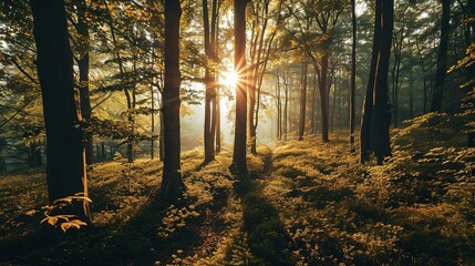 The image shows a serene forest scene with sunlight piercing through the trees. The tall, straight trunks rise high, contrasting with the soft underbrush of small, yellow-flowered plants covering the  - obrazy, fototapety, plakaty
