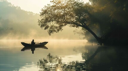 A serene lake enveloped in mist, with a lone person silently rowing a small boat. The silhouette of...