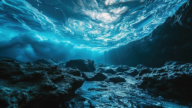 The image captures an underwater scene viewed from the ocean floor, looking up towards the water's surface. Sunlight permeates the clear blue water, creating an ethereal effect with light rays divergi