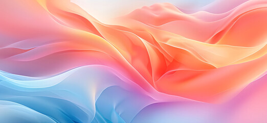 Abstract background with smooth waves in light blue and pastel pink, peach, orange tones. Soft...