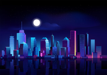 Futuristic night cityscape with water reflex, shining moon, glowing stars, glowing neon purple and blue background lights.