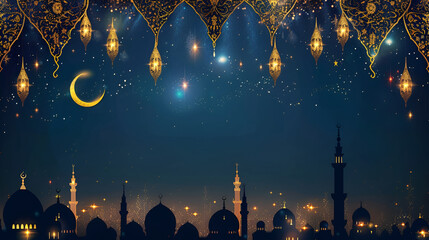 Ramadan, mosque, crescent moon, golden pattern, blue background, Eid, Ramadan card, , Copy space, holiday, Ramadan banner, Space for text, Arabic culture, East, Islam, Traditions, Arabic, Religion, il