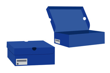 Sneaker box vector illustration. Open and closed views of cardboard shoe box in modern flat style design. 