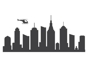 city with flying helicopter