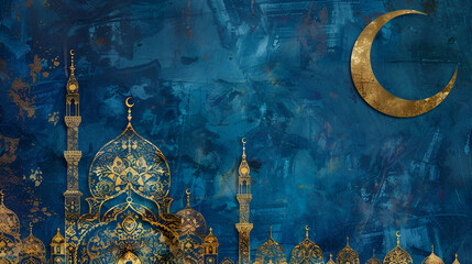 banner with copy space, golden image of a mosque and crescent on a blue background with space for text