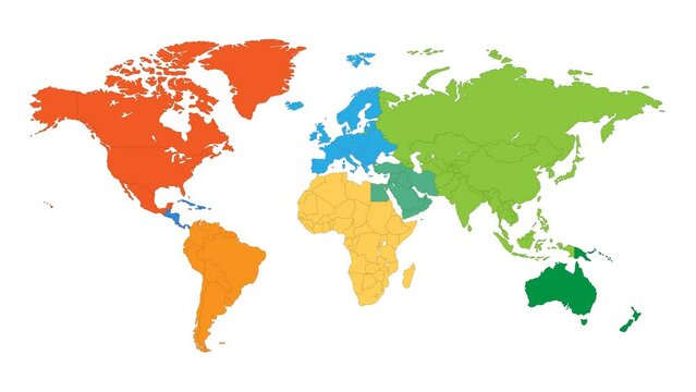 World map animation. Animation of connecting all continents into a whole color world map with borders in the background with an alpha channel. Motion design.