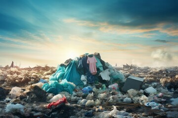Sunrise over a clothing landfill highlighting the impact of fast fashion - obrazy, fototapety, plakaty