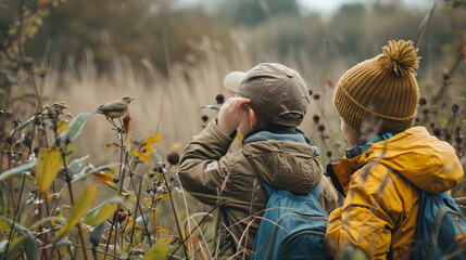 A day of birdwatching in the countryside, with parents and children identifying birds and learning about their habitats and behaviors, love, respect, tolerance, education