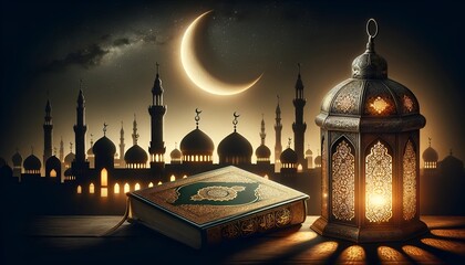 Illustration for ramadan in a vintage style with scene of a quran and lantern at night  with mosque silhouette.