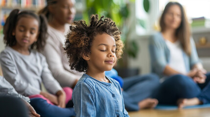 Parents and children attending a workshop on mindfulness and emotional intelligence, learning techniques for managing stress and fostering resilience, love, respect, tolerance, edu