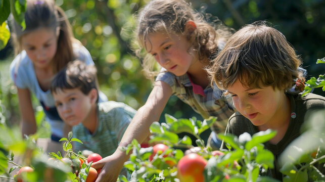 A family visit to a local farm or orchard, with parents and children picking fruits and vegetables and learning about sustainable agriculture and food production, love, respect, to