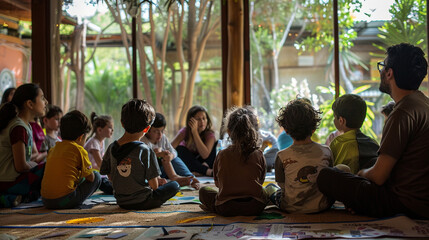 Parents and children attending a workshop on environmental conservation and sustainability, learning about recycling, energy conservation, and protecting natural resources, love, r
