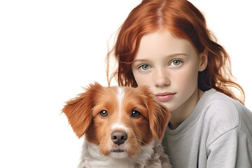 Girl with Dog against white background - Ai generated