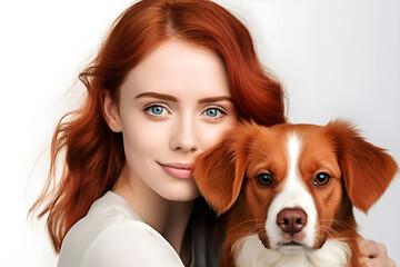 Girl with Dog against white background - Ai generated