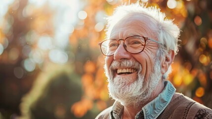 Joyful Elderly Man with Glasses Enjoying Autumn Day