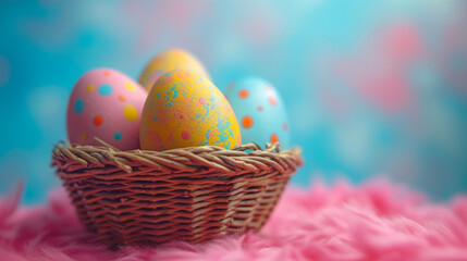 Colorful easter eggs in a wicker basket. Easter egg hunt and egg decorating art concept.