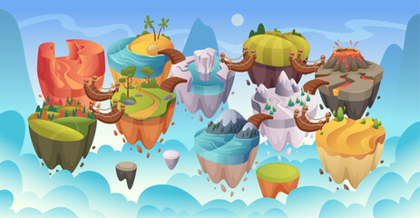 Level map. Game ui landscape with waterfalls lakes and mountains exact vector game interface with various nature biomes