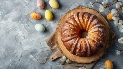 Home-baked Easter cake with powdered sugar on a wooden serving board and pastel eggs. Freshly baked yeast cake for Easter with a sprinkling of sugar, surrounded by spring flowers. - Powered by Adobe
