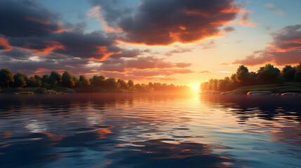 Tranquil scene sunset reflects on water - Ai generated