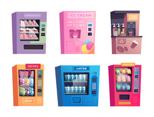 Vending machine. Fast self checkpoint markets with different beverage food and drinks exact vector cartoon set