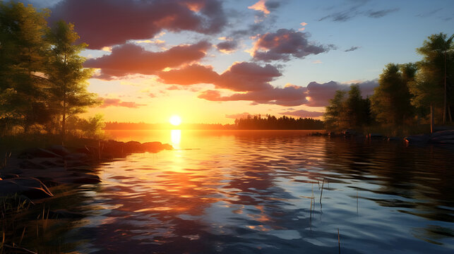Tranquil scene sunset reflects on water - Ai generated