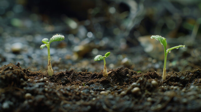 Small sprouts arise in mature soil. Concept of regenerative agriculture for soil fertility, removal of carbon dioxide from atmosphere and effective consumption of water resources.