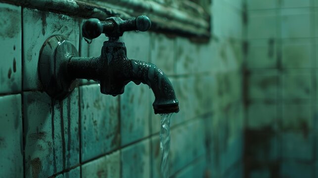 Old metal faucet with running water against a tiled wall. Vintage rusty tap with water flow on a weathered green tile background.