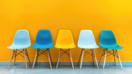 A row of colorful modern chairs against a vibrant yellow wall in a minimalist setting.