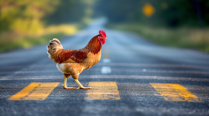 Red chicken or hen crossing a road using a crosswalk. - obrazy, fototapety, plakaty
