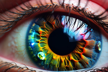 The complex macro shot of human eye showing its colorful iris and intricate pupil - Ai generated